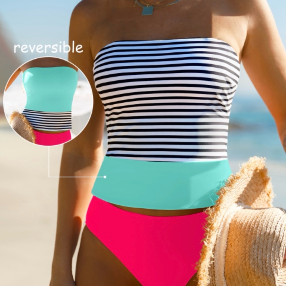 Striped and Colorblock Tankini Swimsuit - Picture 2 of 5